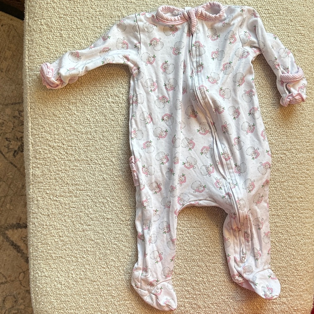 Magnolia Baby Santa Baby Pink Printed Ruffle Zipper Footie